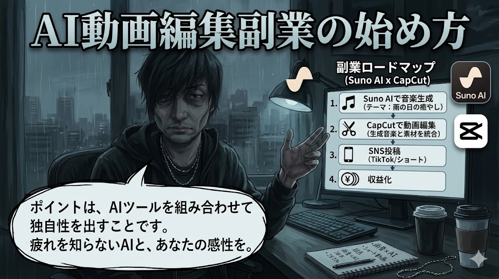 動画編集ソフトと音楽制作AIツールが映ったパソコン画面のイメージ