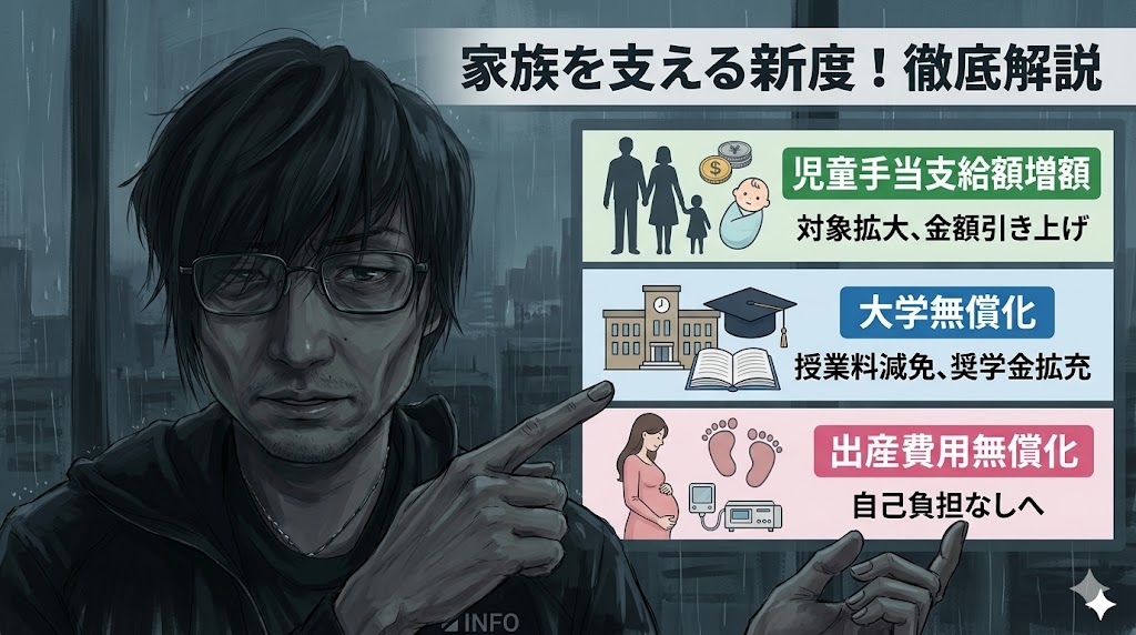 児童手当月3万円、大学授業料無償化、出産費用実質ゼロなど、2026年時点の第3子以降に適用される1,000万円規模の支援制度をまとめた比較表と、赤ちゃんの足元のビジュアル。