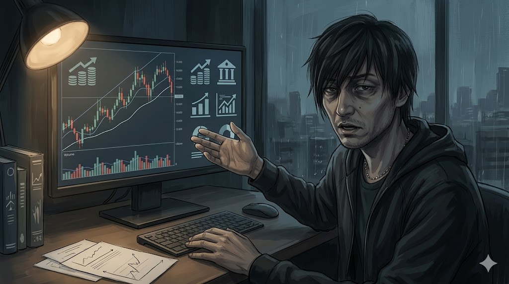 深夜、雨の窓辺にあるデスクで、疲弊した顔の男性がPCモニターを指差している。モニターにはFXの複雑なチャートと「115万」の損失を暗示するグラフが表示されている。デスクにはエナジードリンク缶や乱雑な書類がある。