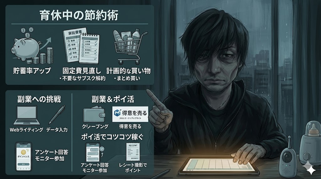 育休中にノートパソコンで副業をする男性と節約・ポイ活のイメージ