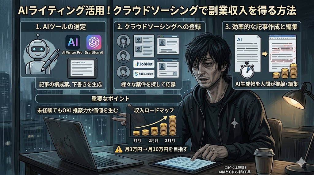 パソコンでChatGPTを使いながらライティング作業をする人のイメージ