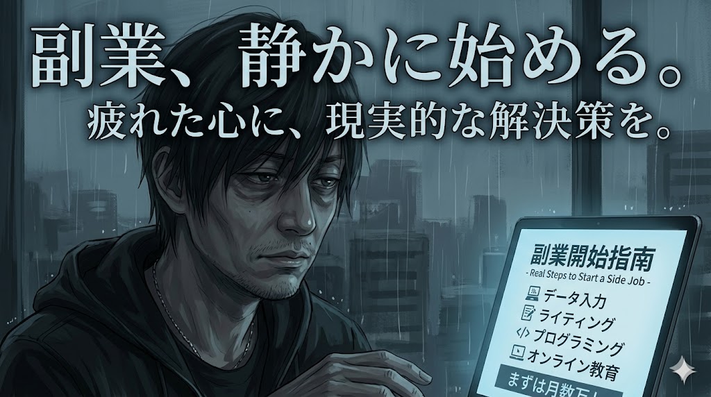 45歳の父親が育児休業中の収入減を補うためにブログやアフィリエイトで月3万円を目指す決意のビジュアル