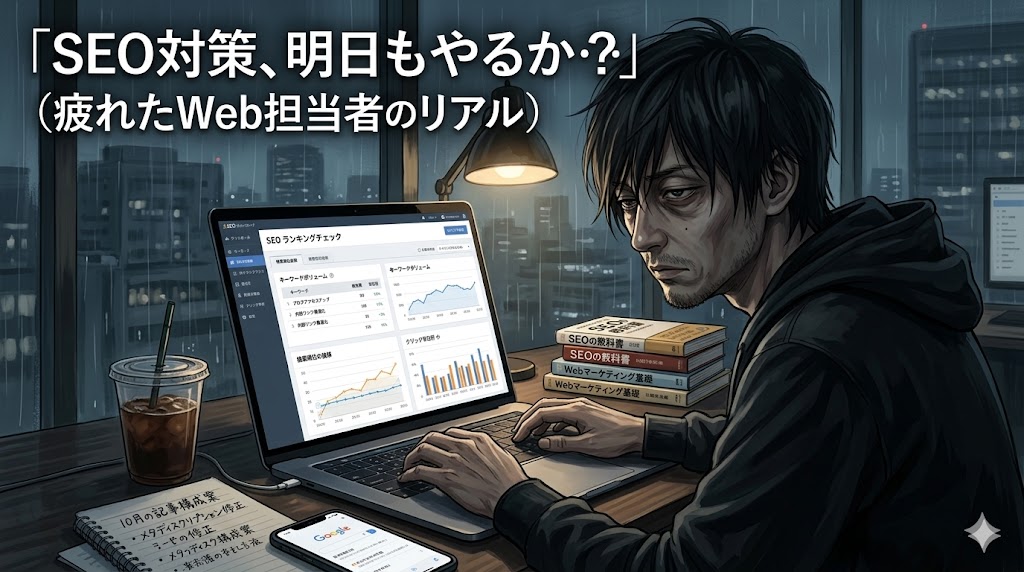 WordPressのダッシュボード画面でSEO設定を行う様子と、検索エンジン最適化の12項目を象徴する図解。