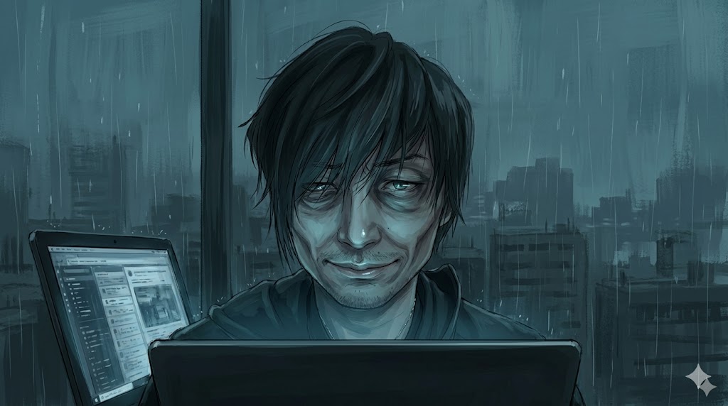 ノートパソコンと資料を前に、副業の収益計画を練る45歳の男性。月10万円達成へのステップバイステップの図解。