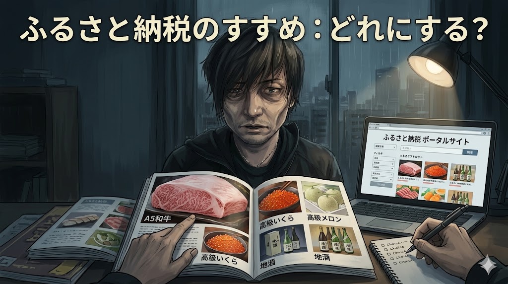 育休中の収入減に伴い、ふるさと納税の控除上限額が大幅に縮小するリスクを示すグラフと、赤ちゃんの横で計算機を叩く父親のビジュアル。