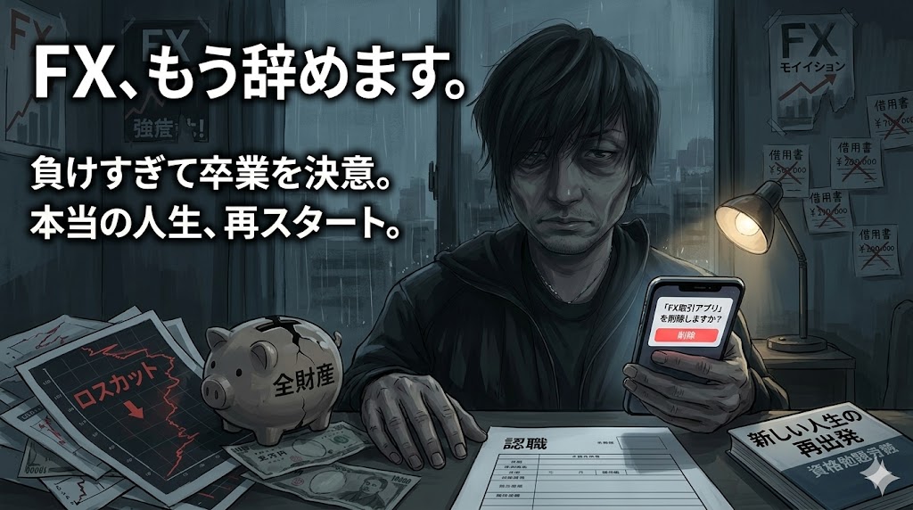 FXトレードの損失（115万円）を示す下落チャートと、それを背にWordPressでブログ記事を執筆し始める45歳の男性。