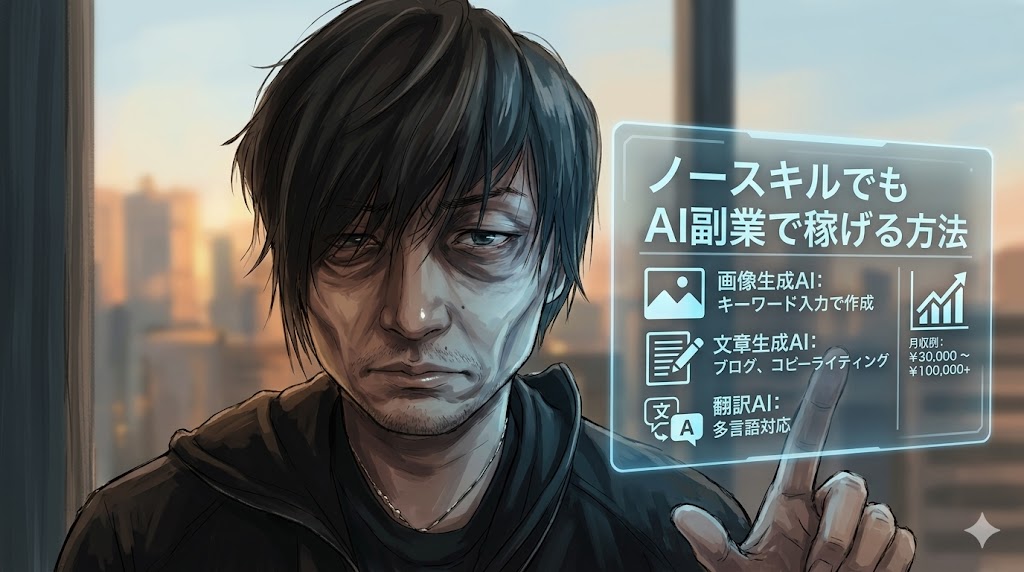 「NO SKILL」の壁を越えて、PCとスマートフォンを使いこなす人物と、AIツール、複数の収益源を意味するアイコンが未来へ伸びる光の矢印でつながっている様子を描いた、AI副業の可能性を表現するイラストレーション。