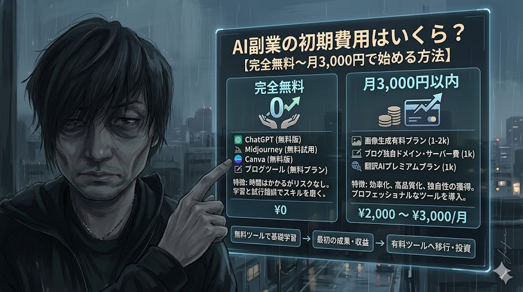 0円スタートからAIとセルフバックを活用して、有料ツール代を稼ぎ出しながらステップアップしていく副業の仕組みを描いたインフォグラフィック風のイラスト。