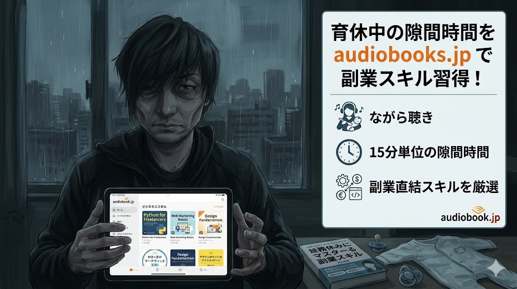 育休中にスマホでオーディオブックを聴きながら副業スキルを学ぶイメージ