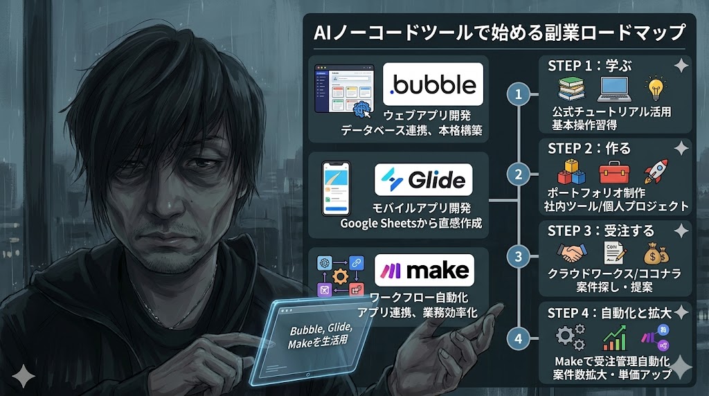 AIノーコードツールBubbleとGlideを使って副業アプリを制作するイメージ