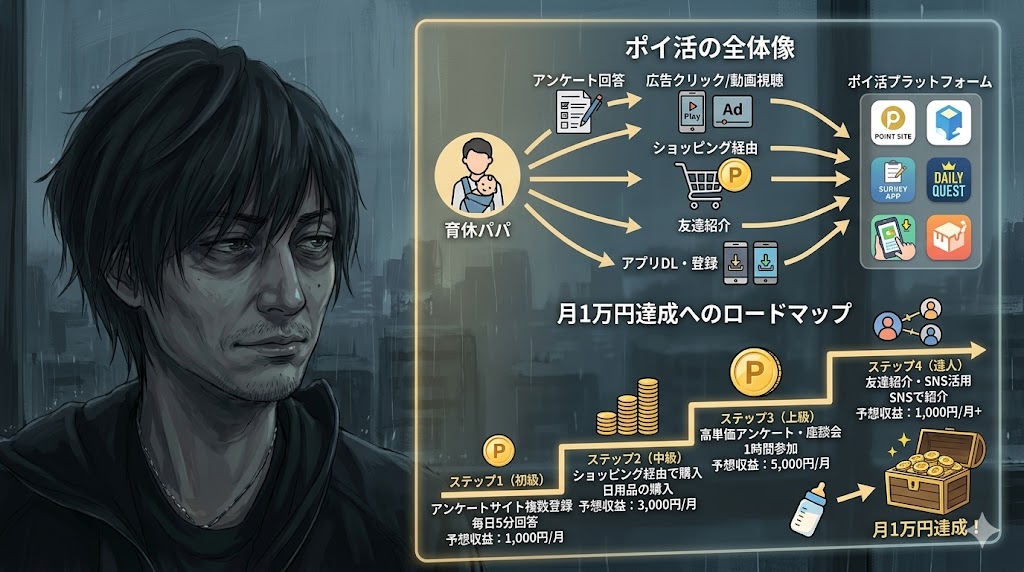 スマホを使って育休中にハピタスでポイ活を行うイメージ