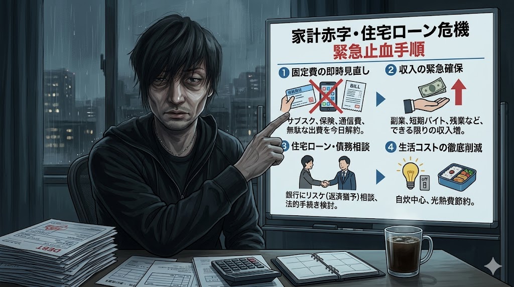 赤字家計のグラフと固定費削減・ローン見直し・即金調達の3ステップ図解