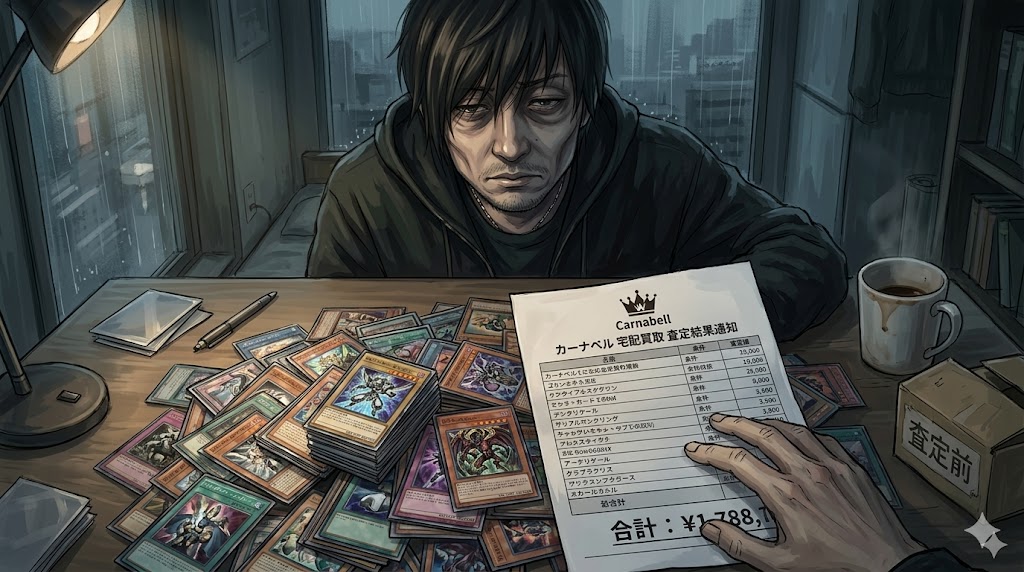 カーナベルの宅配買取で査定された遊戯王カードの山と見積書