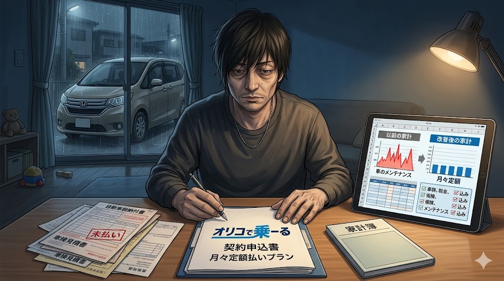育休中にオリコで乗ーるを利用して車の維持費を月々定額にする家計改善イメージ