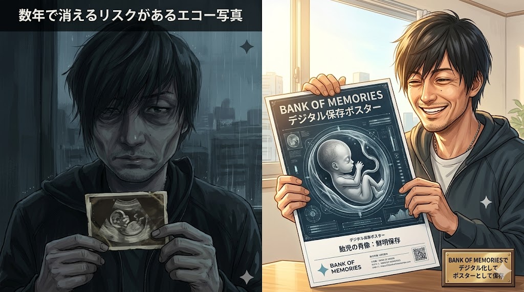 時間の経過で色あせたエコー写真と新しく作ったアートポスターの比較画像