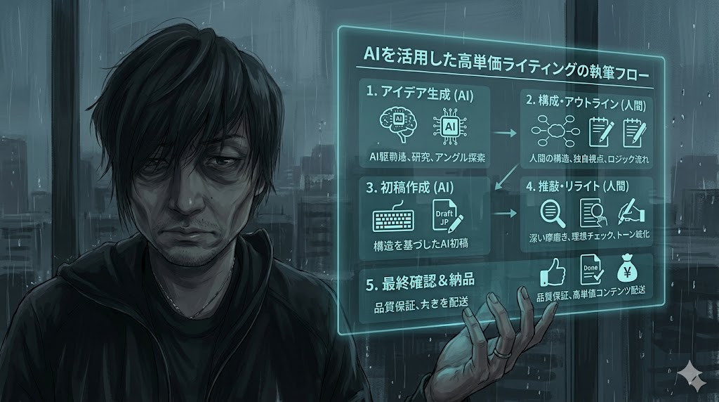 ノートパソコンでAIツールと指示書を並べて記事を執筆するライターのデスク
