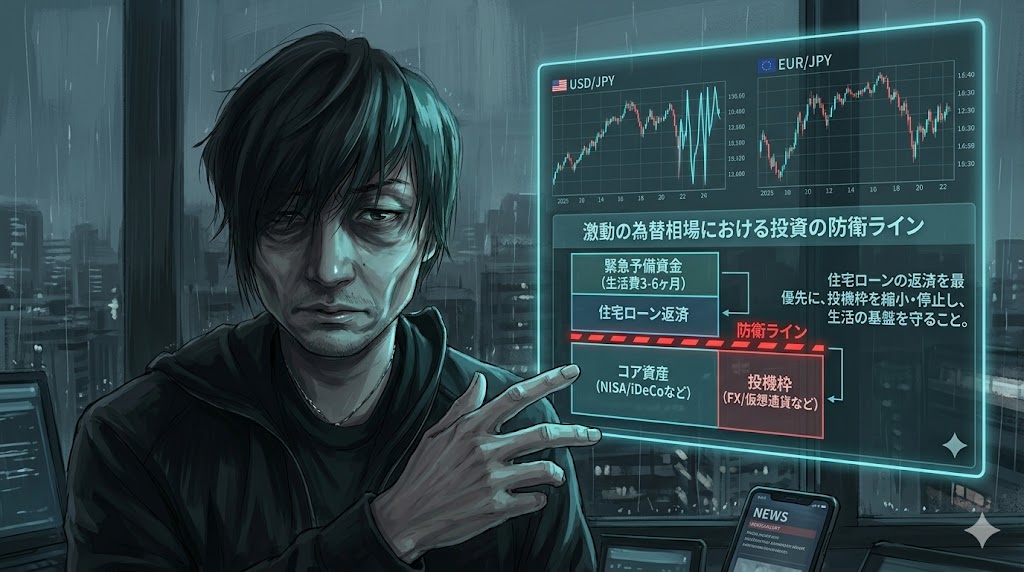 夜中にスマホでFXのチャートを確認し、リスクを冷静に分析するパパ