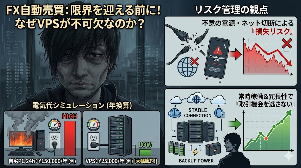 FX自動売買を自宅PCで運用するリスクとVPSのコスト比較図