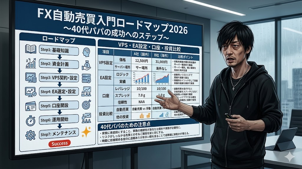 FX自動売買の始め方をSTEP別に解説したパパ向けロードマップ図