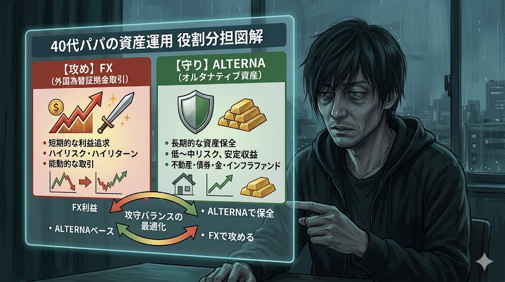 FX自動売買とALTERNAと不動産投資の利回り・時間コスト比較グラフ