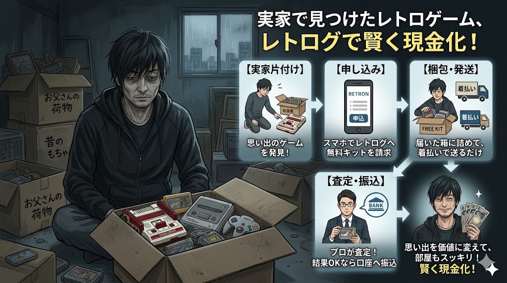 レトロゲームの梱包作業をする40代男性とレトログの買取キット