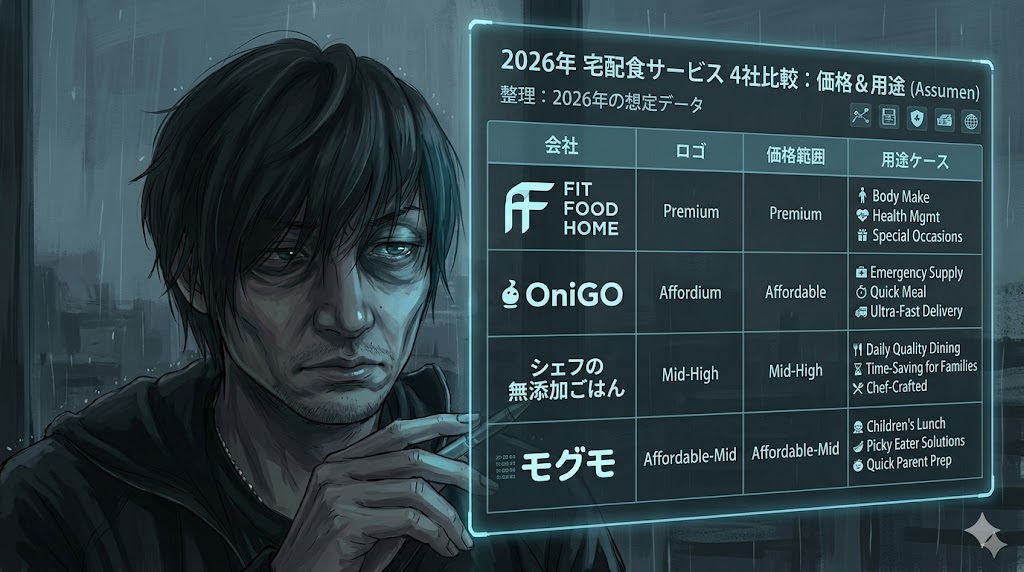 2026年の育休パパ向け宅配食比較表。コストとタイパの最適解を示すインフォグラフィック。
