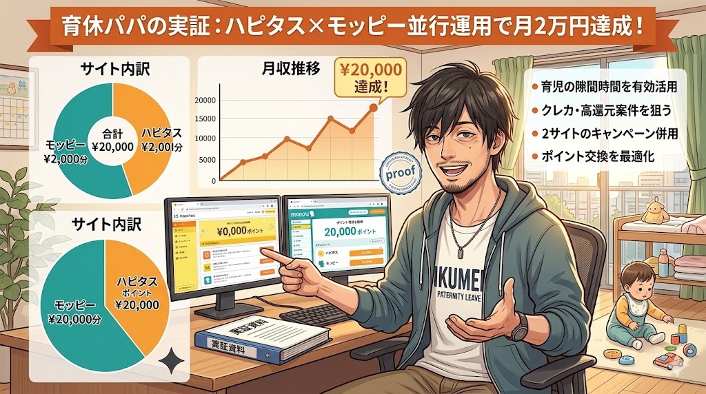 ハピタスとモッピーのアプリを並べて案件を比較しポイントを最大化するイメージ