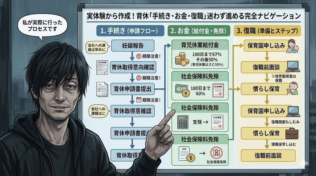 40代パパが実体験から作成した、育休の「手続き・お金・復職」を迷わず進めるためのナビゲーション図。