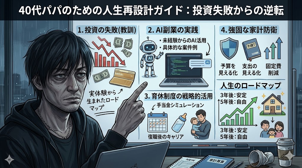 投資の失敗からAI副業、育休制度活用、家計防衛までを網羅した、40代パパのための人生再設計ガイド。