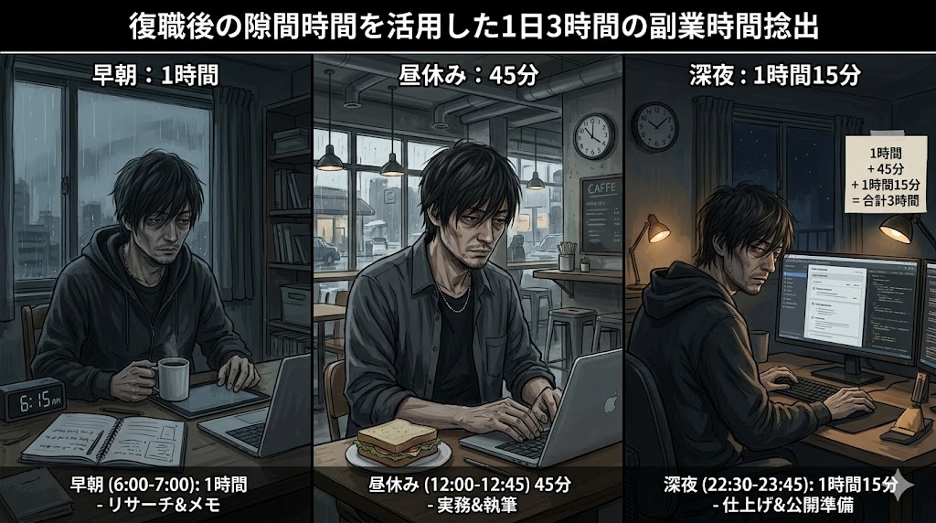 40代男性の復職後における1日のタイムスケジュールと副業時間の内訳図解