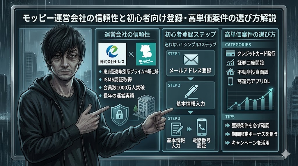 スマホでモッピーに登録しセルフバック案件を探す40代男性のイメージ