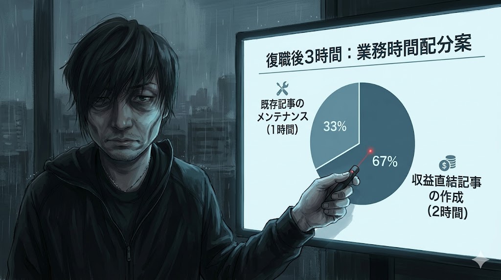 復職後の限られた3時間で、既存記事のメンテナンスと収益直結記事をどう配分するかを視覚化したグラフ。