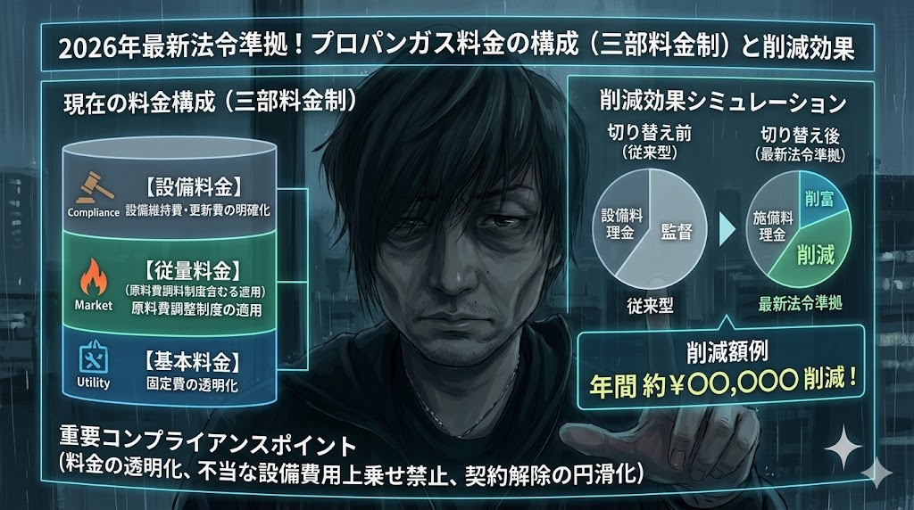 プロパンガスの高い料金を法改正に基づき見直し、月額を削減する手順のイメージ図