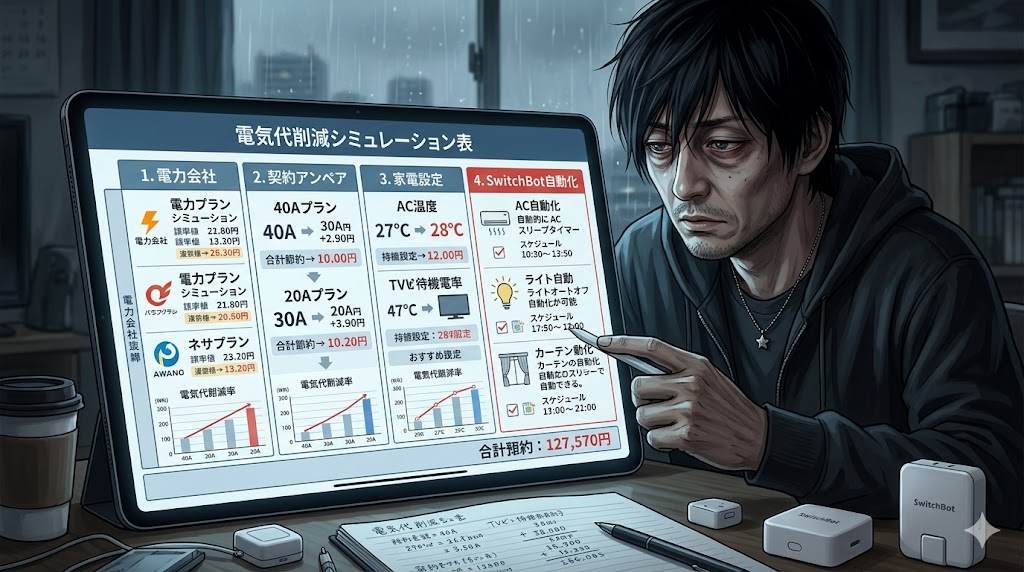 40代家庭の電気代削減手順と各対策の削減効果目安一覧