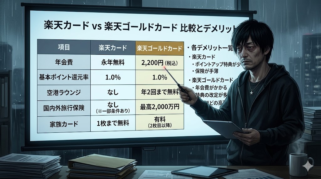 楽天カードと楽天ゴールドカードの比較図とデメリット一覧