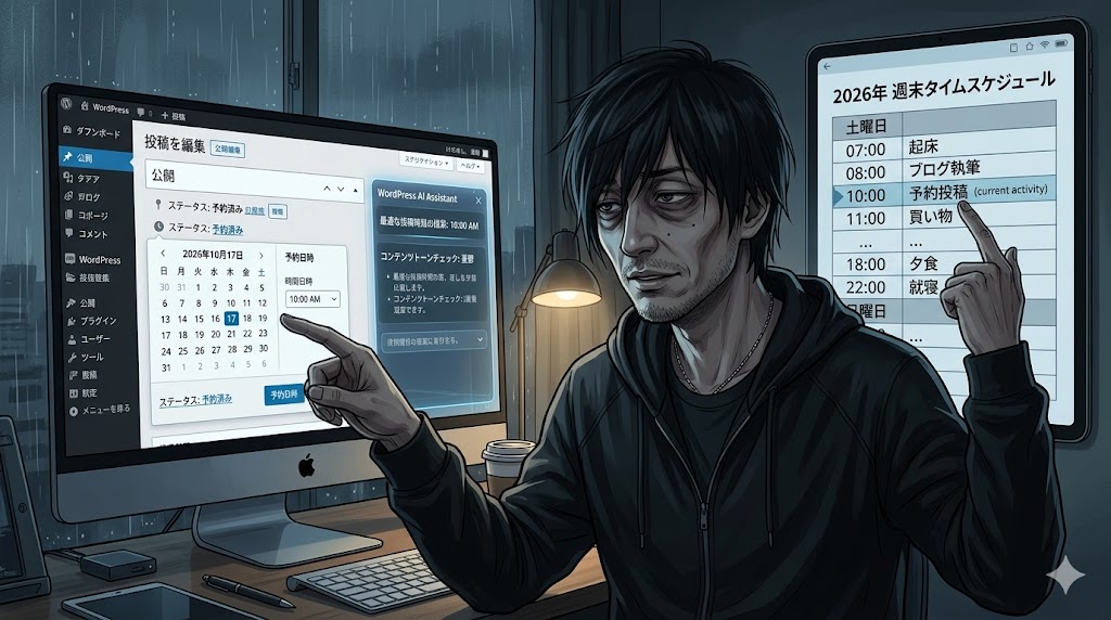 週末にPCでブログ記事をまとめて執筆し、予約投稿を設定する男性