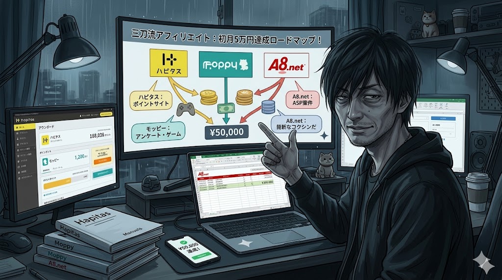 ハピタスとモッピーとA8ネットの3サービスを使い分けてセルフバック報酬を最大化するイメージ