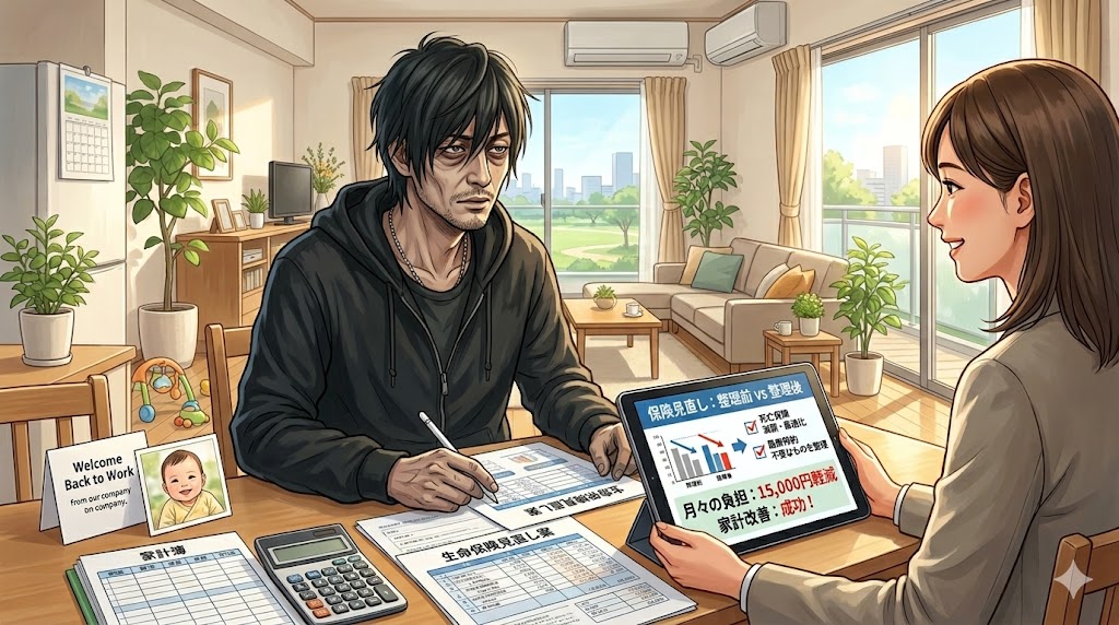 生命保険の見直し相談を受けるパパとFPのイラスト