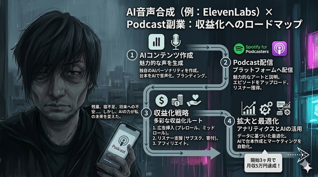 AI音声合成ツールElevenLabsを使ってPodcastを配信し副業収益を得るイメージ