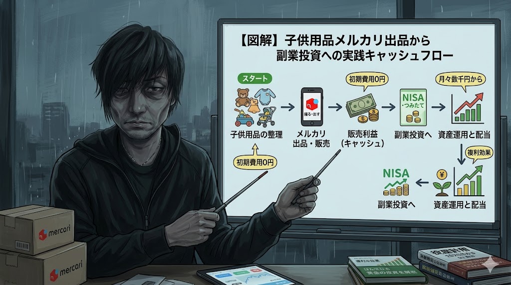 育休中にメルカリで子供用品を整理し、副業資金を作るパパのイメージ