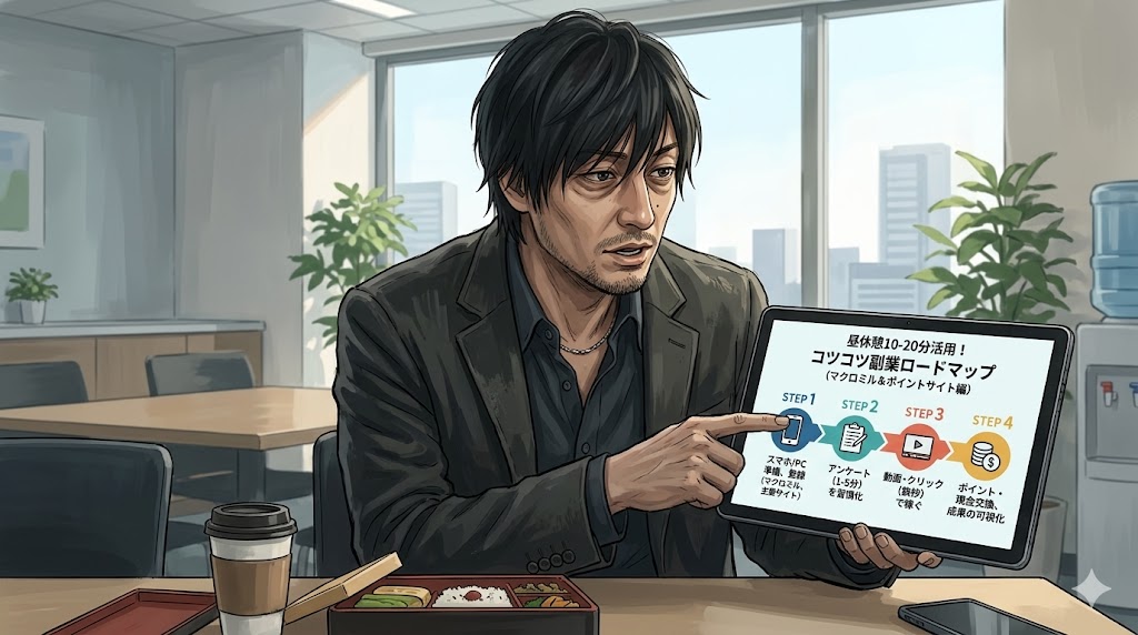 スマホでアンケートモニター副業をする会社員パパのイメージ
