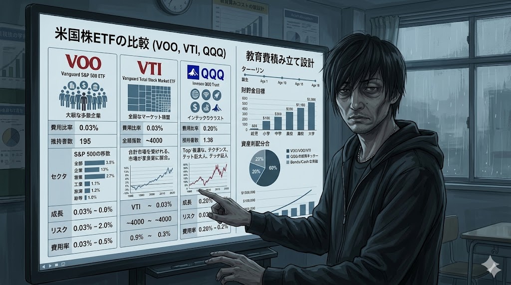 40代パパが選ぶ米国株ETF（VOO/VTI/QQQ）の比較と教育費積み立て設計