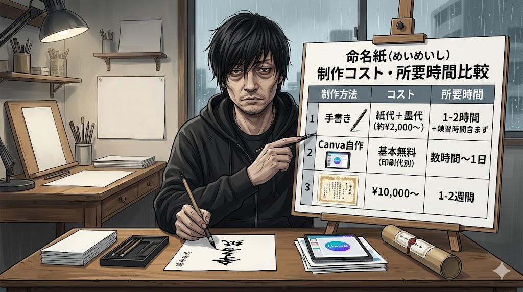 命名紙の作り方比較表（手書き・Canva自作・注文）