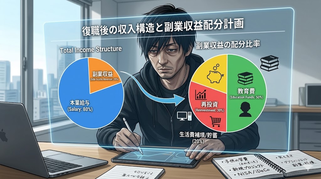 復職後の家計管理と副業収益の配分を考える40代パパのイメージ