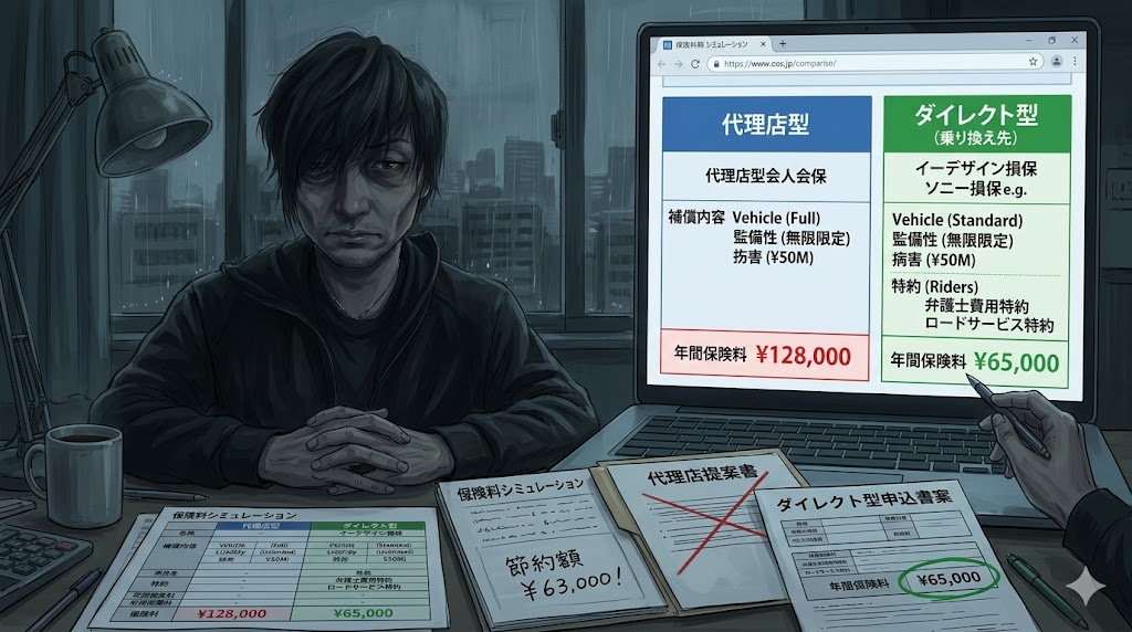 自動車保険の代理店型とダイレクト型の料金比較表。年間22,000円の削減実例。